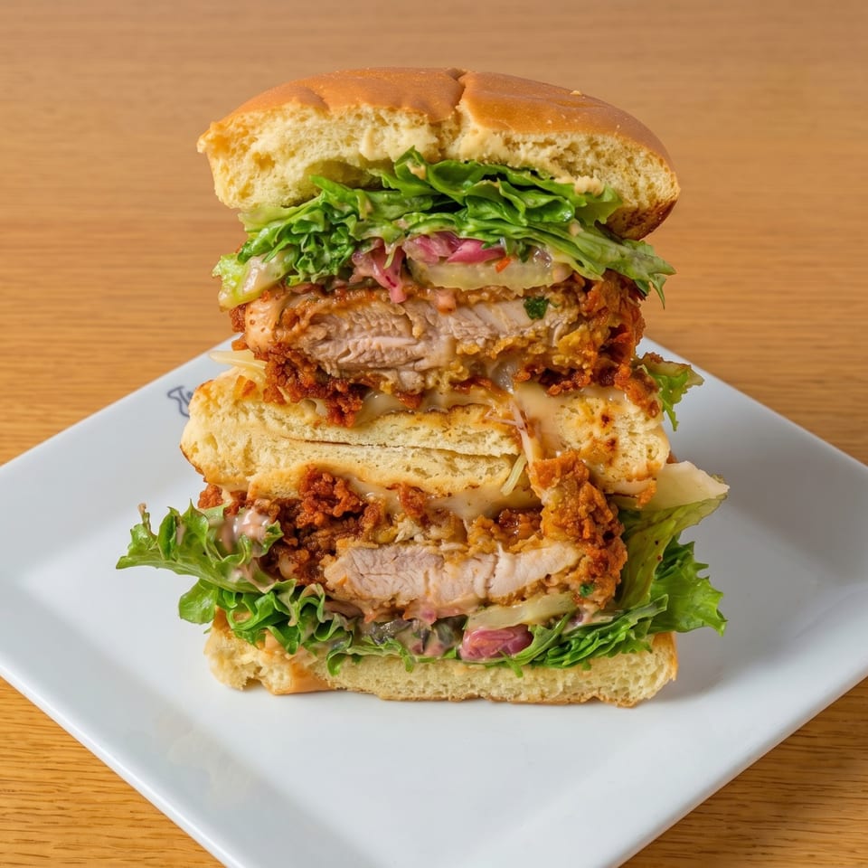 A fried chicken sandwich, cut in half, revealing crispy chicken, lettuce, and sauce on a white plate.