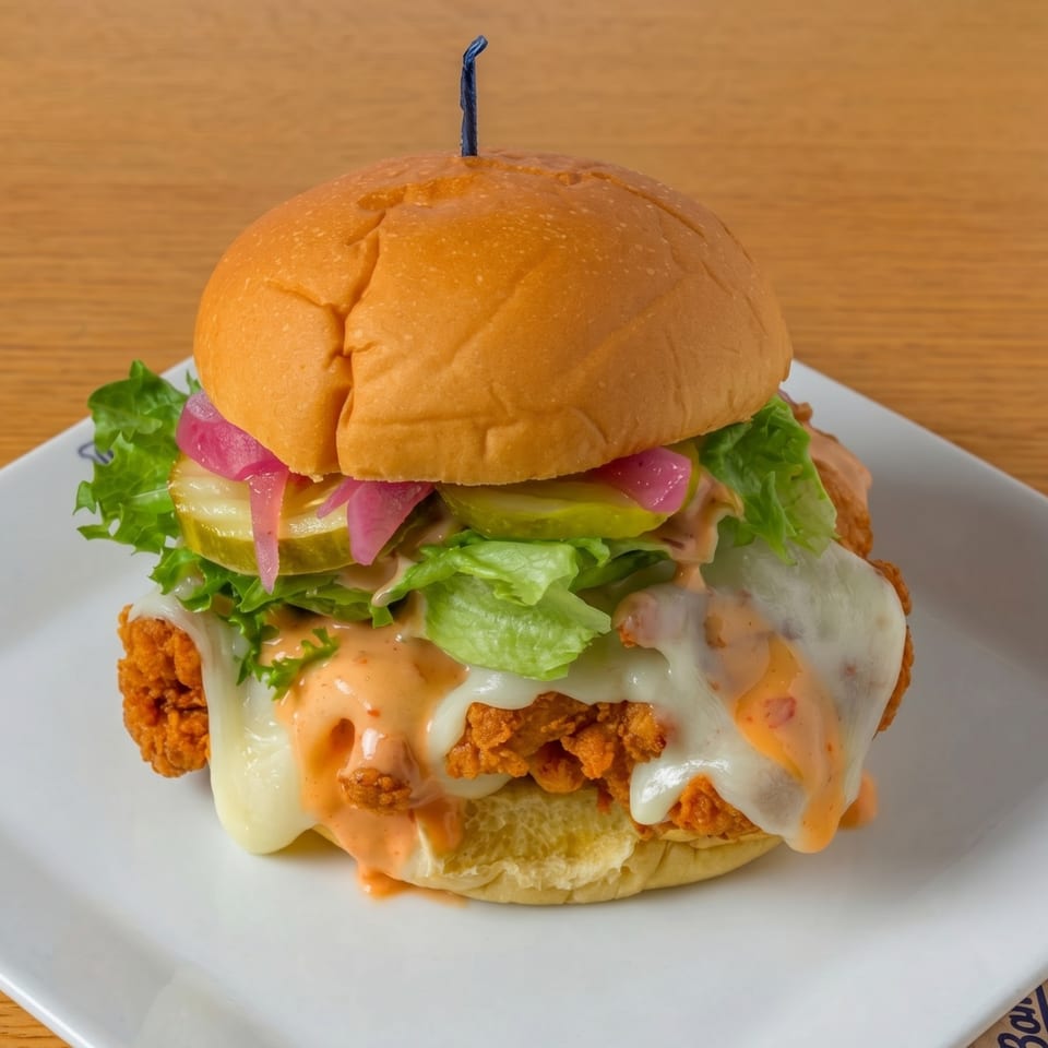 Crispy chicken sandwich with melted cheese, lettuce, pickles, and pink onions on a white plate.