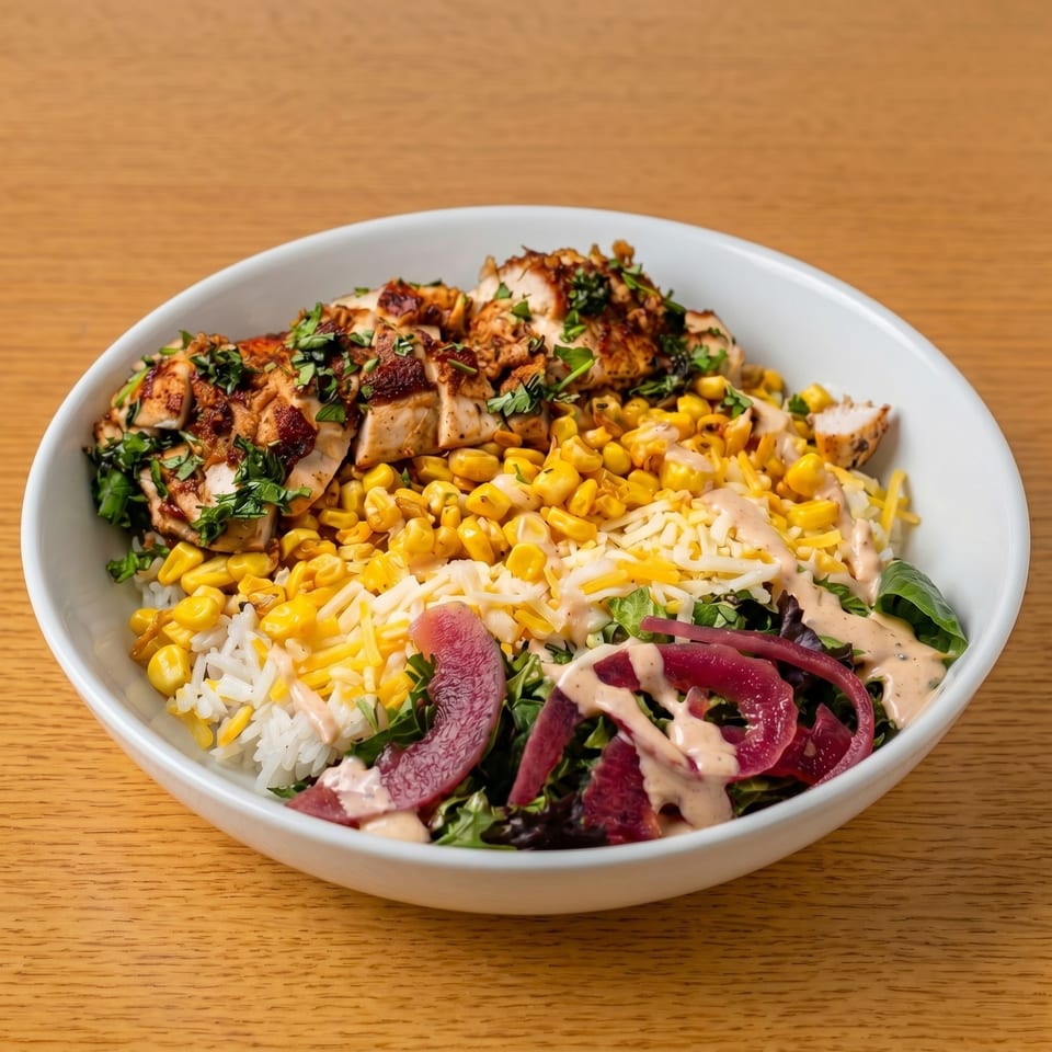 A white bowl filled with grilled chicken, corn, rice, shredded cheese, pickled onions, and greens.